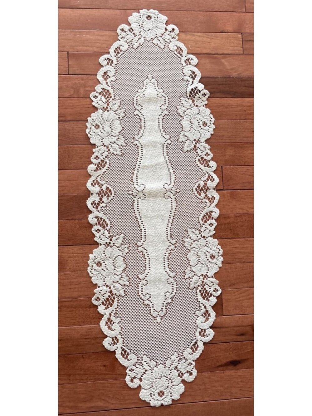 Lace Table Runner 12x36" Floral Design Cream Scalloped Edges Elegant Vintage Dec